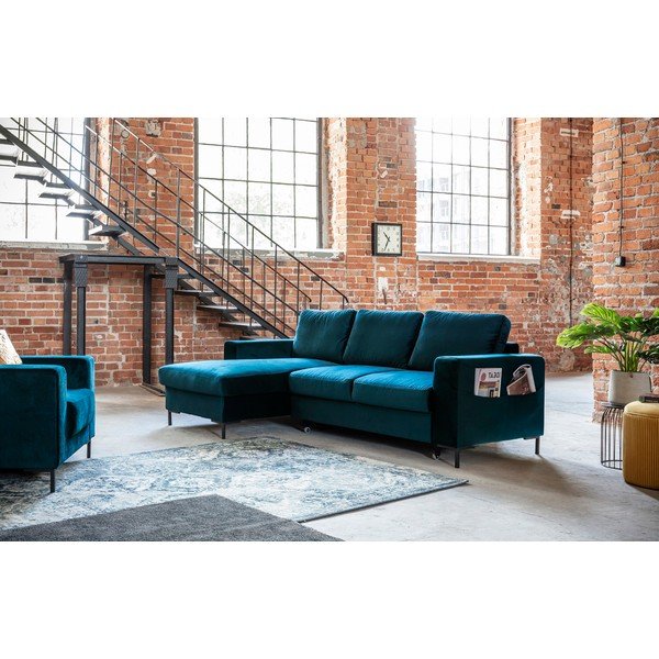 Sametová rozkládací rohová pohovka v petrolejové barvě (levý roh) Lofty Lilly – Miuform-image-4