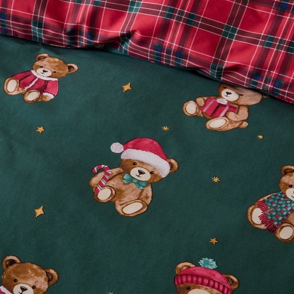 Červené/tmavě zelené povlečení na jednolůžko 150x120 cm Christmas Tartan Teddy Bear – Catherine Lansfield-image-2