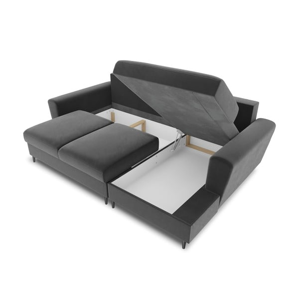 Světle šedá sametová rozkládací/s úložným prostorem rohová pohovka (pravý roh/s lenoškou) Kyoto – Cosmopolitan Design-image-3