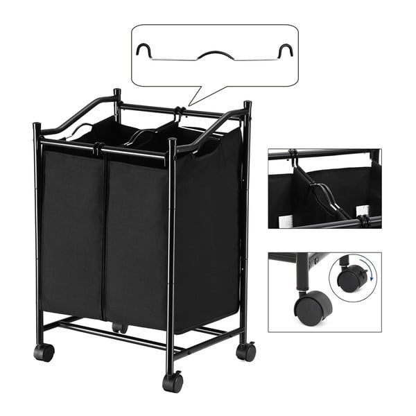 Černý koš s kolečky a 2 segmenty na prádlo Songmics-image-4