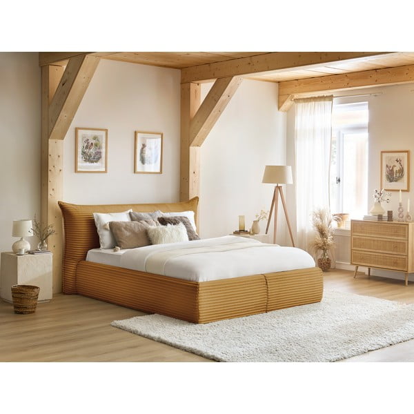 Žlutá čalouněná dvoulůžková postel s úložným prostorem a roštem 180x200 cm Jade – Bobochic Paris-image-1