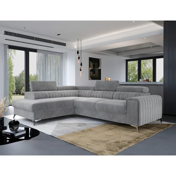 Šedá sametová rozkládací/s úložným prostorem rohová pohovka (levý roh/do L) Laurence – ELTAP-image-4