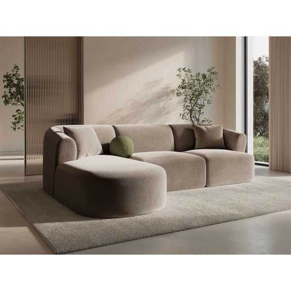 Světle hnědá sametová rohová pohovka (levý roh/s lenoškou) Campi – Cosmopolitan Design-image-1