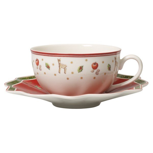 Červeno-bílý porcelánový hrnek s podšálkem s vánočním motivem Villeroy & Boch, 0,3 l