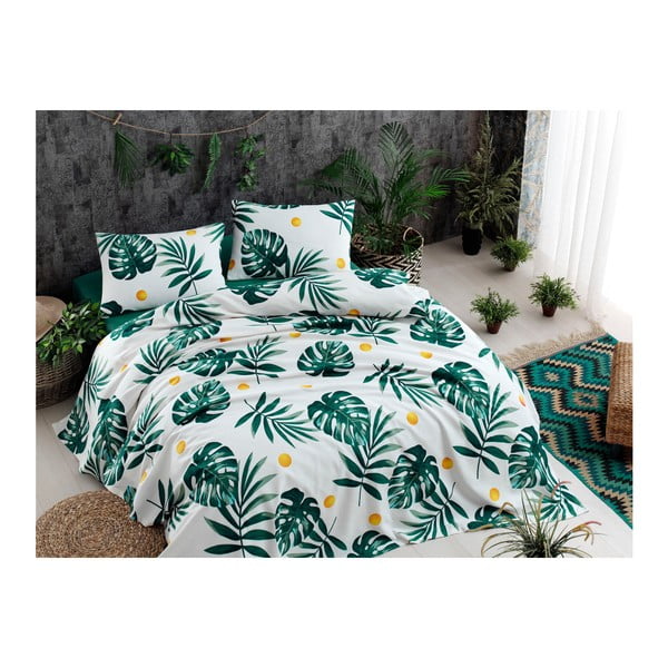 Set bavlněného přehozu přes postel, prostěradla a 2 povlaků na polštář Monstera Green, 200 x 235 cm