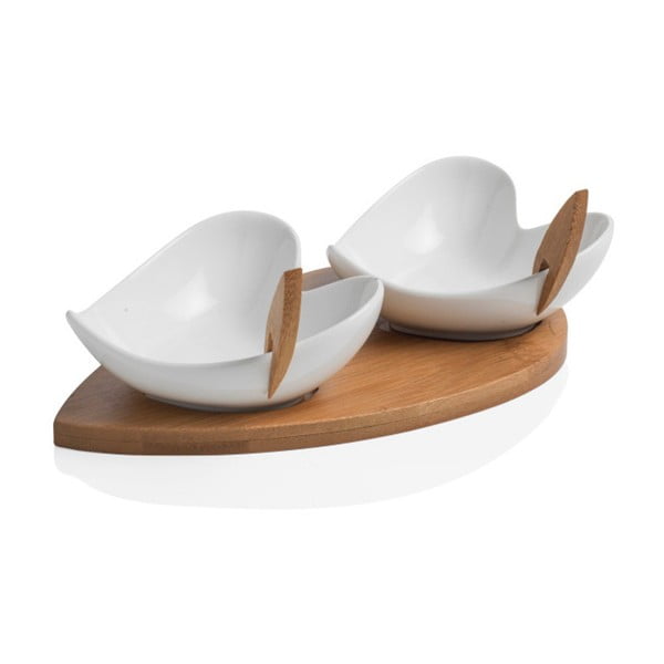 Sada 2 servírovacích misek s bambusovým podnosem a dvěma napichovátky Brandani Coeur Blanc-image-1