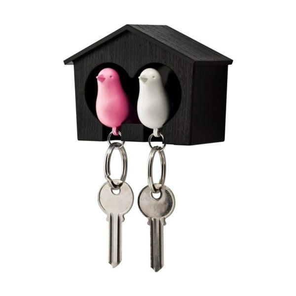 Hnědý věšáček na klíče s bílou a růžovou klíčenkou Qualy Duo Sparrow
