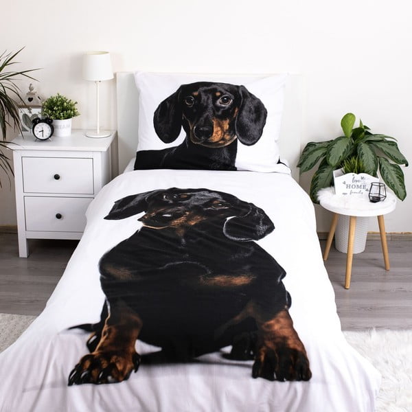 Černobílé bavlněné dětské povlečení na jednolůžko 140x200 cm Dachshund – Jerry Fabrics-image-1
