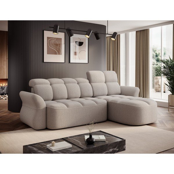 Béžová rozkládací/s úložným prostorem rohová pohovka z textilie bouclé (pravý roh/s lenoškou) Beneth – ELTAP-image-1