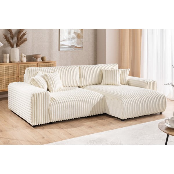 Krémová manšestrová rozkládací/s úložným prostorem rohová pohovka (pravý roh) Sarina – Ropez-image-4