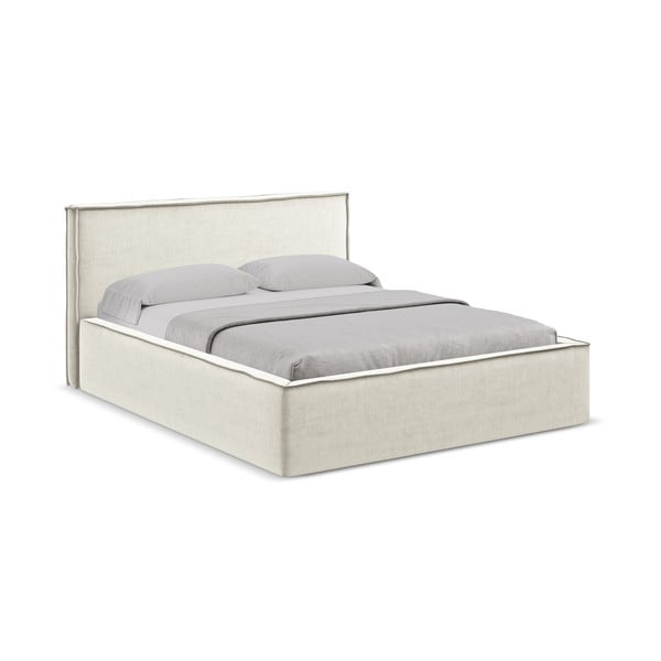 Krémová čalouněná dvoulůžková postel s úložným prostorem s roštem 140x200 cm Anani – Makamii-image-1