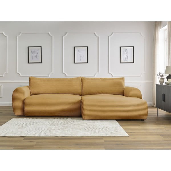 Manšestrová rozkládací rohová pohovka v hořčicové barvě (pravý roh) Lucien – Bobochic Paris-image-1