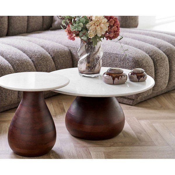 Bílý/v tmavě přírodní barvě kulatý konferenční stolek s mramorovou deskou  ø 70 cm Heide – House Nordic-image-1