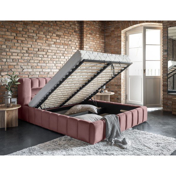 Růžová čalouněná dvoulůžková postel s úložným prostorem s roštem 160x200 cm Lamica – ELTAP-image-4