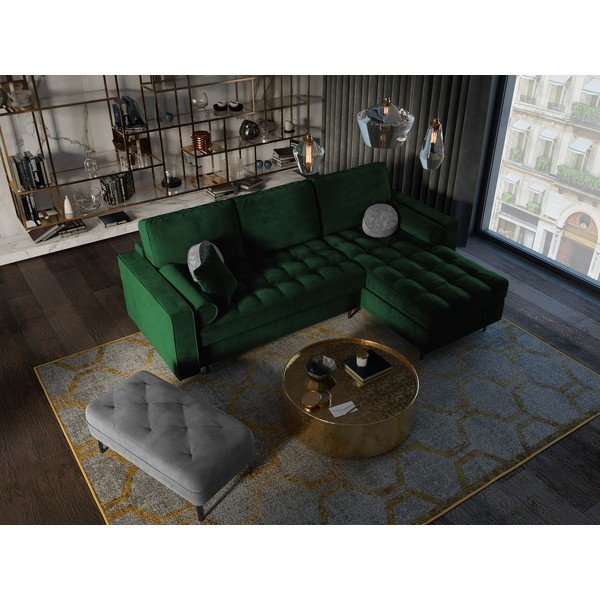 Zelená sametová rozkládací rohová pohovka Milo Casa Santo, pravý roh-image-1