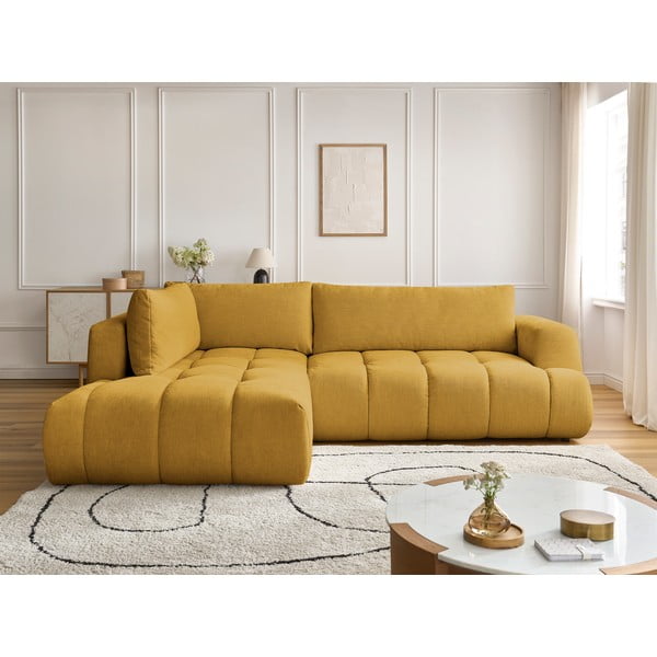 Rozkládací/s úložným prostorem rohová pohovka v hořčicové barvě (levý roh/do L) Fuji – Bobochic Paris-image-1