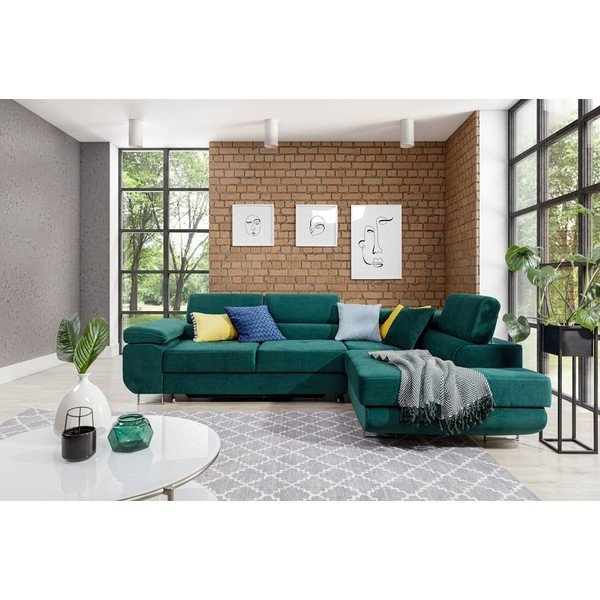 Zelená sametová rozkládací/s úložným prostorem rohová pohovka (pravý roh/do L) Anton – ELTAP-image-1