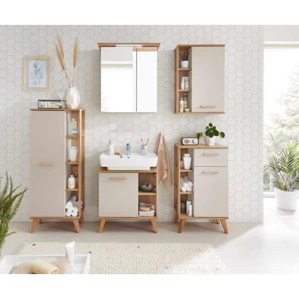 Krémová vysoká koupelnová skříňka v dekoru dubu 50,5x128 cm Quickset 966 – Pelipal-image-1