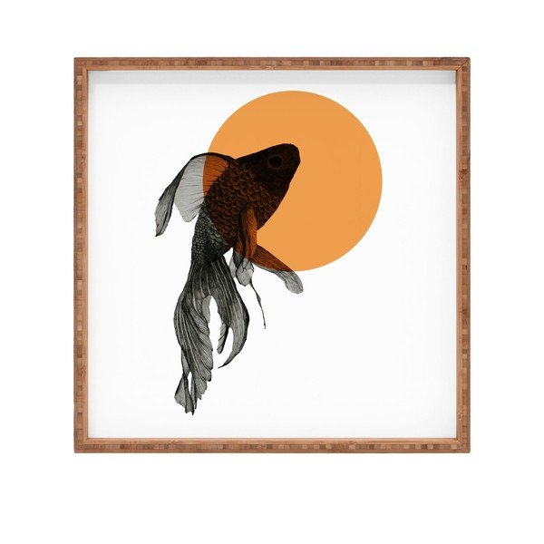Dřevěný dekorativní servírovací tác Golden Fish, 40 x 40 cm
