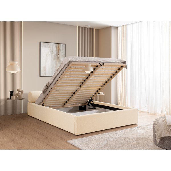 Krémová čalouněná dvoulůžková postel s úložným prostorem s roštem 140x200 cm Cille – Ropez-image-4