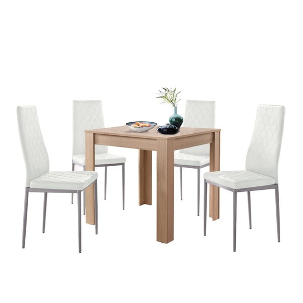 Set jídelního stolu v dubovém dekoru a 4 bílých jídelních židlí Støraa Lori and Barak, 80 x 80 cm