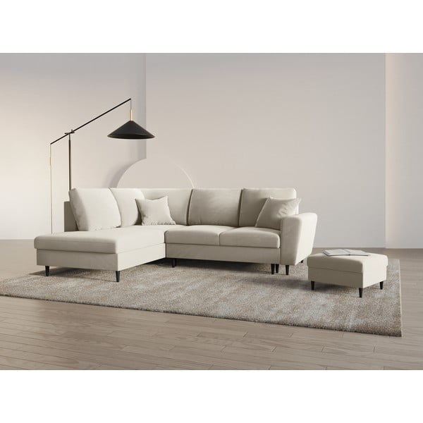 Béžová sametová rozkládací/s úložným prostorem rohová pohovka (levý roh/do L) Kyoto – Cosmopolitan Design-image-2