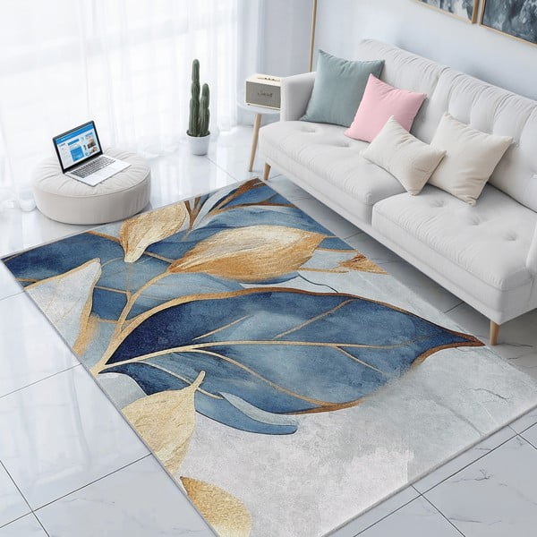 Pratelný koberec v modré a zlaté barvě 160x230 cm Golden Leaves – Mila Home-image-1