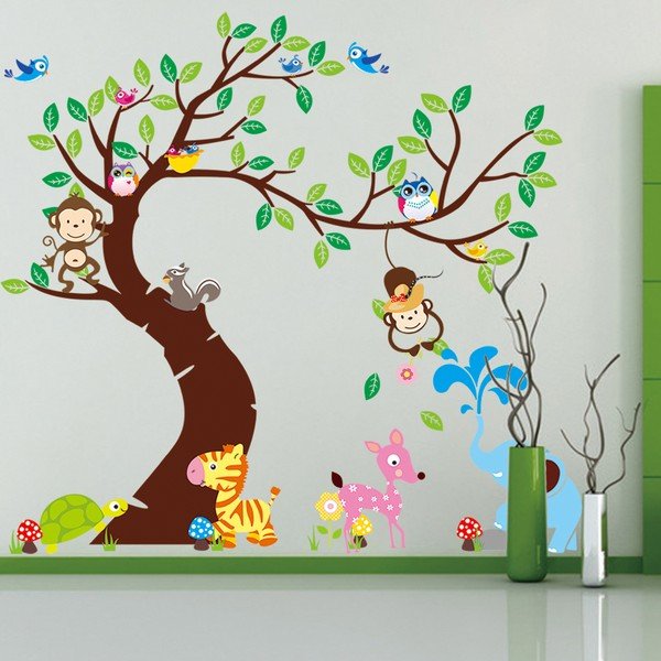 Sada nástěnných dětských samolepek Ambiance Tree, Monkeys and Elephant-image-1