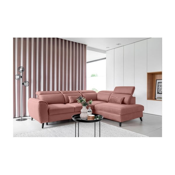 Růžová sametová rozkládací/s úložným prostorem rohová pohovka (pravý roh/do L) Noble – ELTAP-image-1