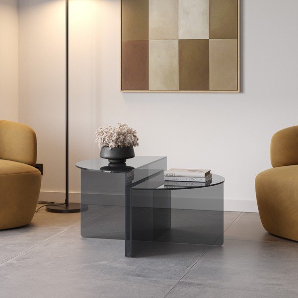 Šedé skleněné kulaté konferenční stolky v sadě 2 ks ø 80 cm Velta – MOME-image-1