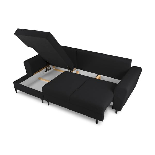 Černá rozkládací/s úložným prostorem rohová pohovka z textilie bouclé (levý roh/s lenoškou) Kyoto – Cosmopolitan Design-image-3