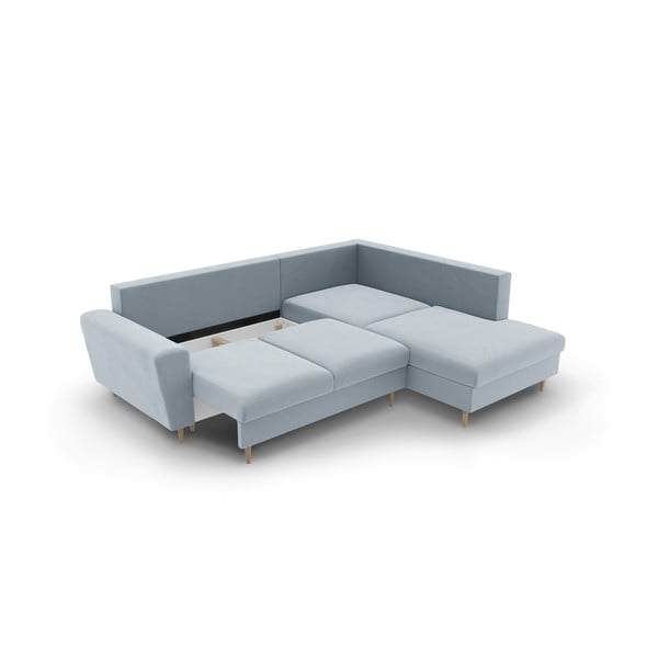 Světle modrá sametová rozkládací/s úložným prostorem rohová pohovka (pravý roh/do L) Kyoto – Cosmopolitan Design-image-3