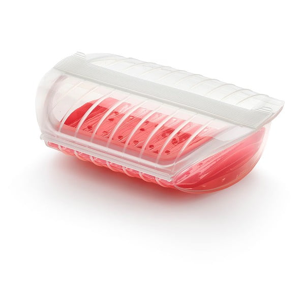 Transparetní silikonová nádoba s červeným táckem na vaření s táckem v páře pro 3- 4 porce Lékué Steam Case