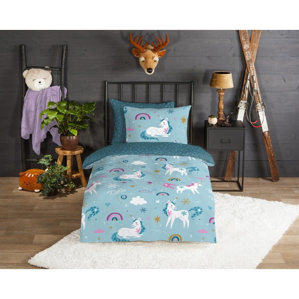 Modré flanelové dětské povlečení na jednolůžko/prodloužené 140x220 cm Snowycorn – Good Morning-image-1