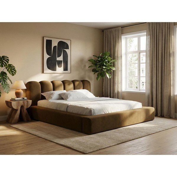 Krémová čalouněná dvoulůžková postel s úložným prostorem s roštem 160x200 cm Mano – Makamii-image-1