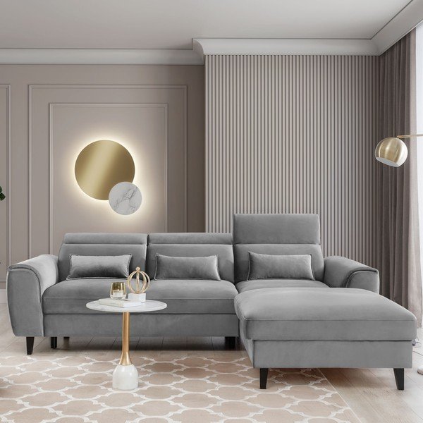 Šedá sametová rozkládací/s úložným prostorem rohová pohovka (pravý roh/s lenoškou) Foble – ELTAP-image-1