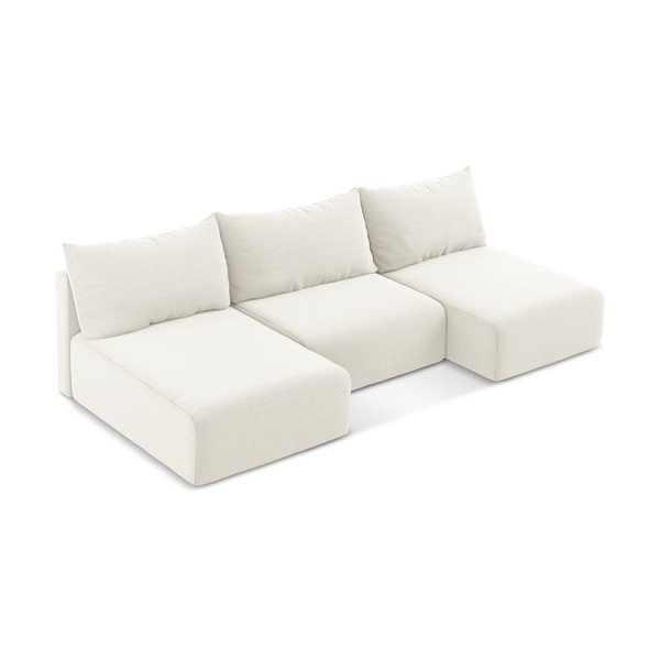 Krémová sametová rozkládací/s úložným prostorem rohová pohovka (do "U") Kalena – Makamii-image-3