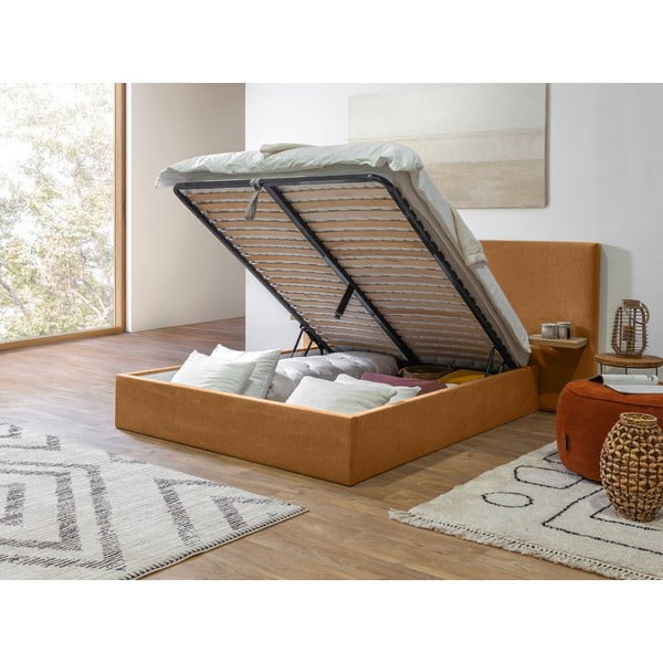 Okrově žlutá čalouněná dvoulůžková postel s úložným prostorem a roštem 160x200 cm Blandine – Bobochic Paris-image-3