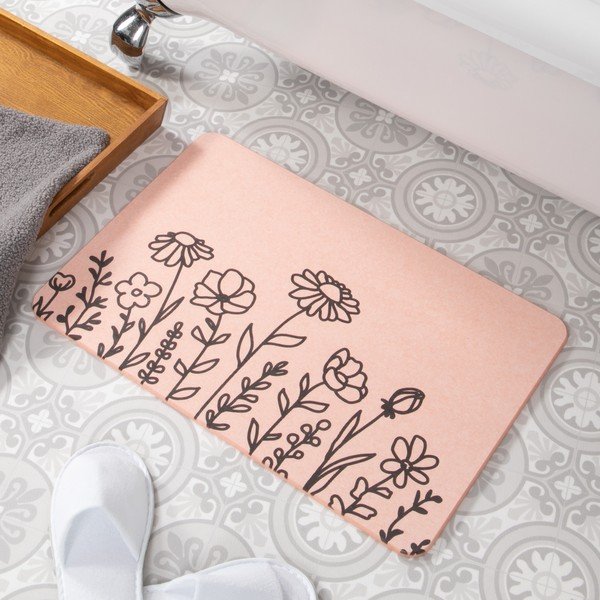 Světle růžová koupelnová předložka z křemeliny 39x60 cm Floral Lines – Artsy Doormats-image-1