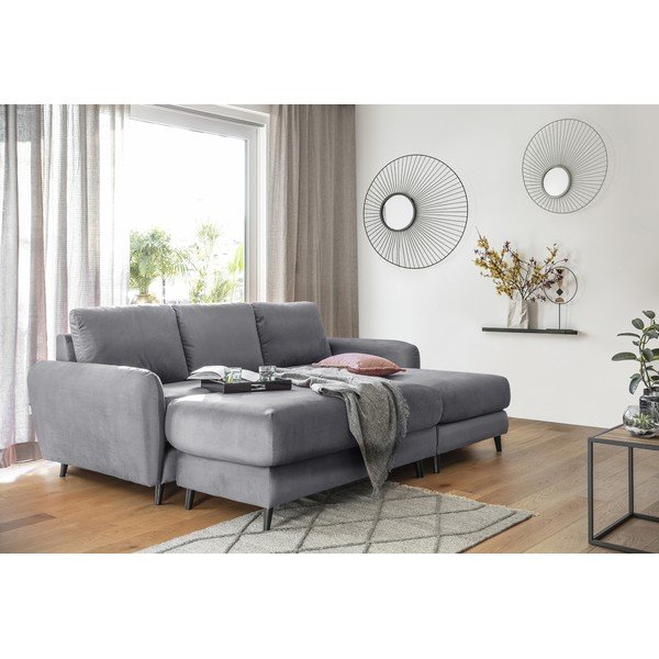 Světle šedá sametová rohová pohovka s podnožkou Miuform Cosy Claire, pravý roh-image-1