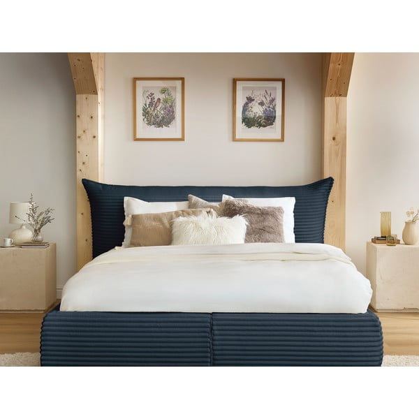 Tmavě modrá čalouněná dvoulůžková postel s úložným prostorem a roštem 160x200 cm Jade – Bobochic Paris-image-1