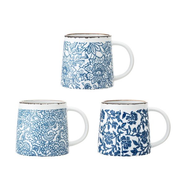 Bílé/modré kameninové hrnky v sadě 3 ks Molly – Bloomingville