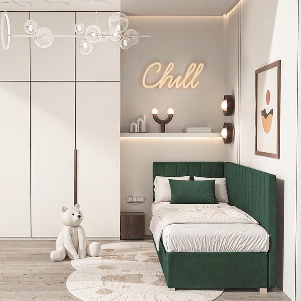 Tmavě zelená rohová dětská postel s úložným prostorem s matrací 90x200 cm Snugi – Ghado-image-1