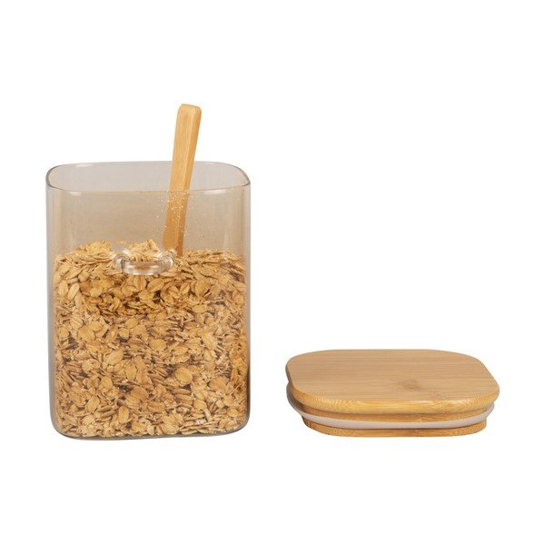 Hnědá skleněná dóza s dřevěným víkem a lžící PT LIVING Canister, výška 13 cm-image-2