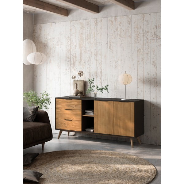 Černá/přírodní nízká komoda z borovicového dřeva 165x80 cm Lavis – Marckeric-image-1