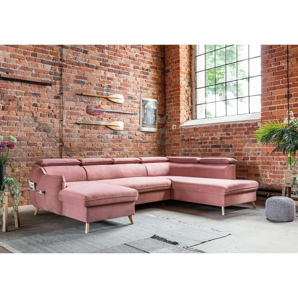 Světle růžová sametová rozkládací rohová pohovka do "U" (pravý roh) Sweet Harmony – Miuform-image-4