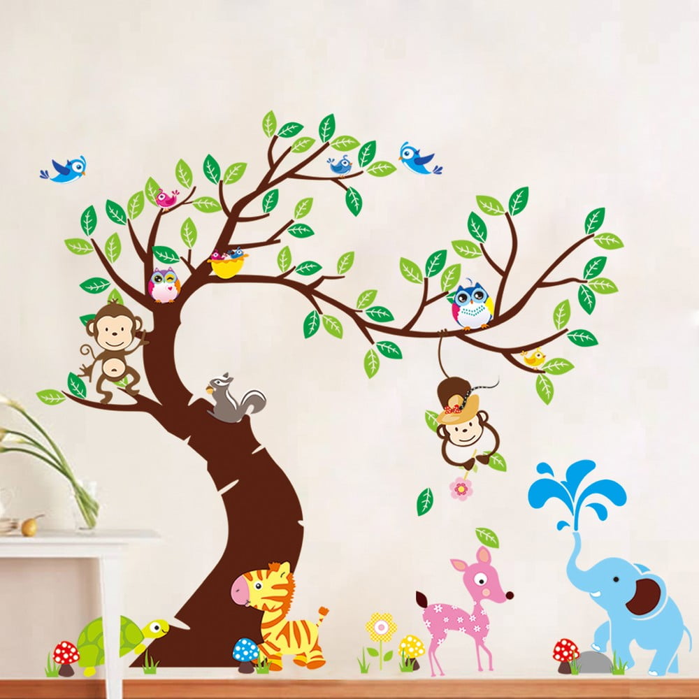 Sada nástěnných dětských samolepek Ambiance Tree, Monkeys and Elephant