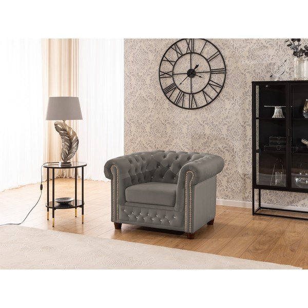 Šedé sametové křeslo chesterfield York Blik – Ropez-image-1