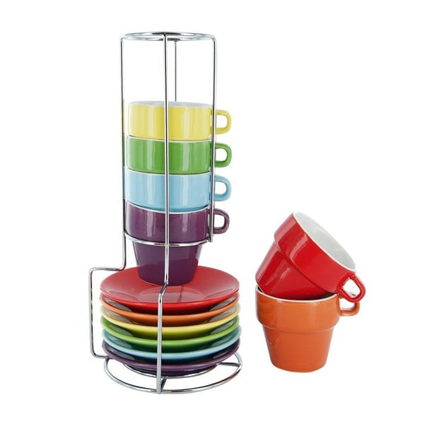 Sada 6 hrnků s podšálkem a stojánkem Espresso Rainbow