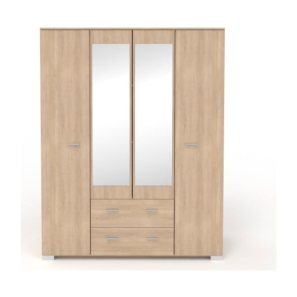Čtyřdveřová šatní skříň v dekoru dubového dřeva se 2 zásuvkami a zrcadlem Parisot Alix